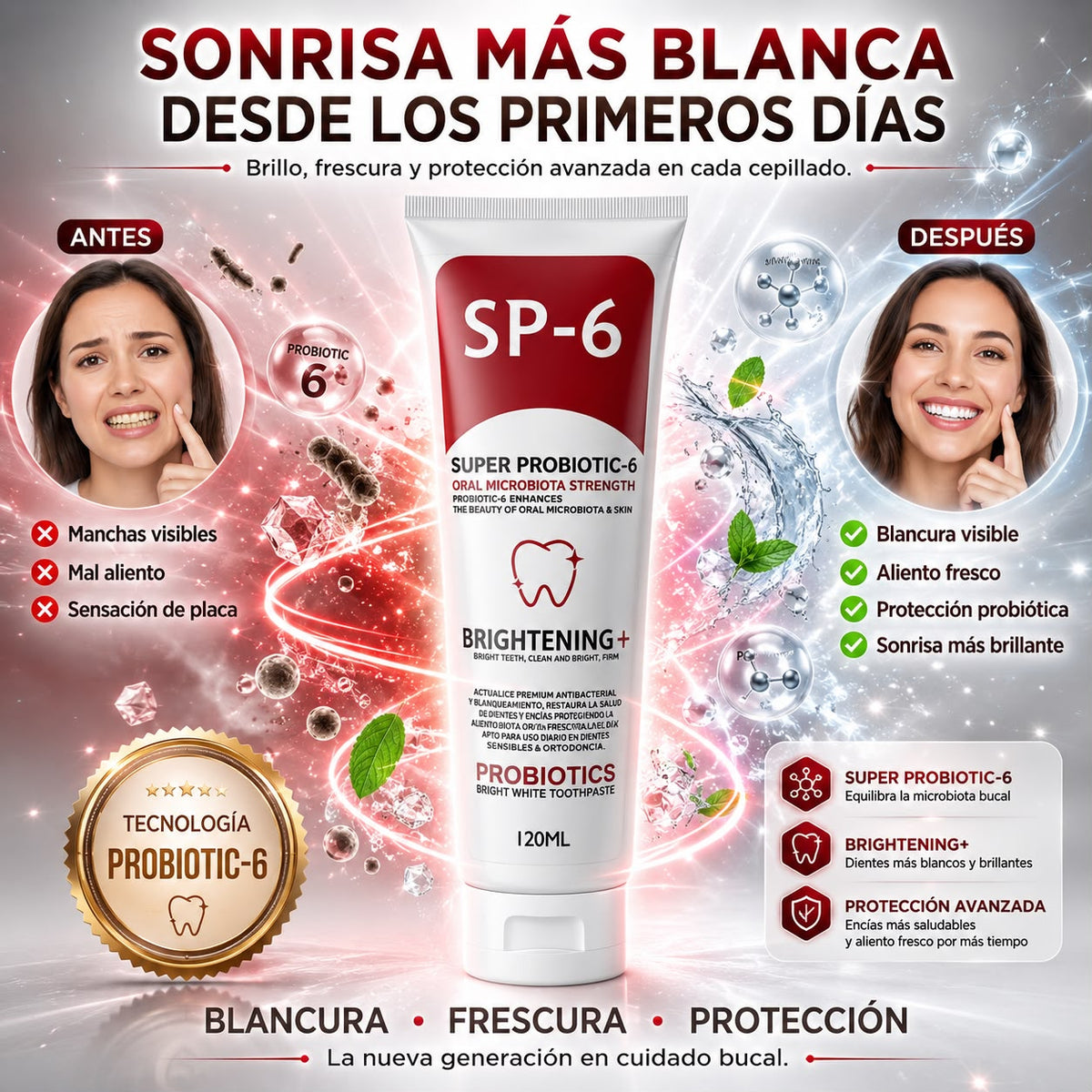 BrightBiome™️ – Pasta Dental Probiótica SP-6 120ml para Dientes Más Blancos, Aliento Fresco y Cuidado Completo ✅